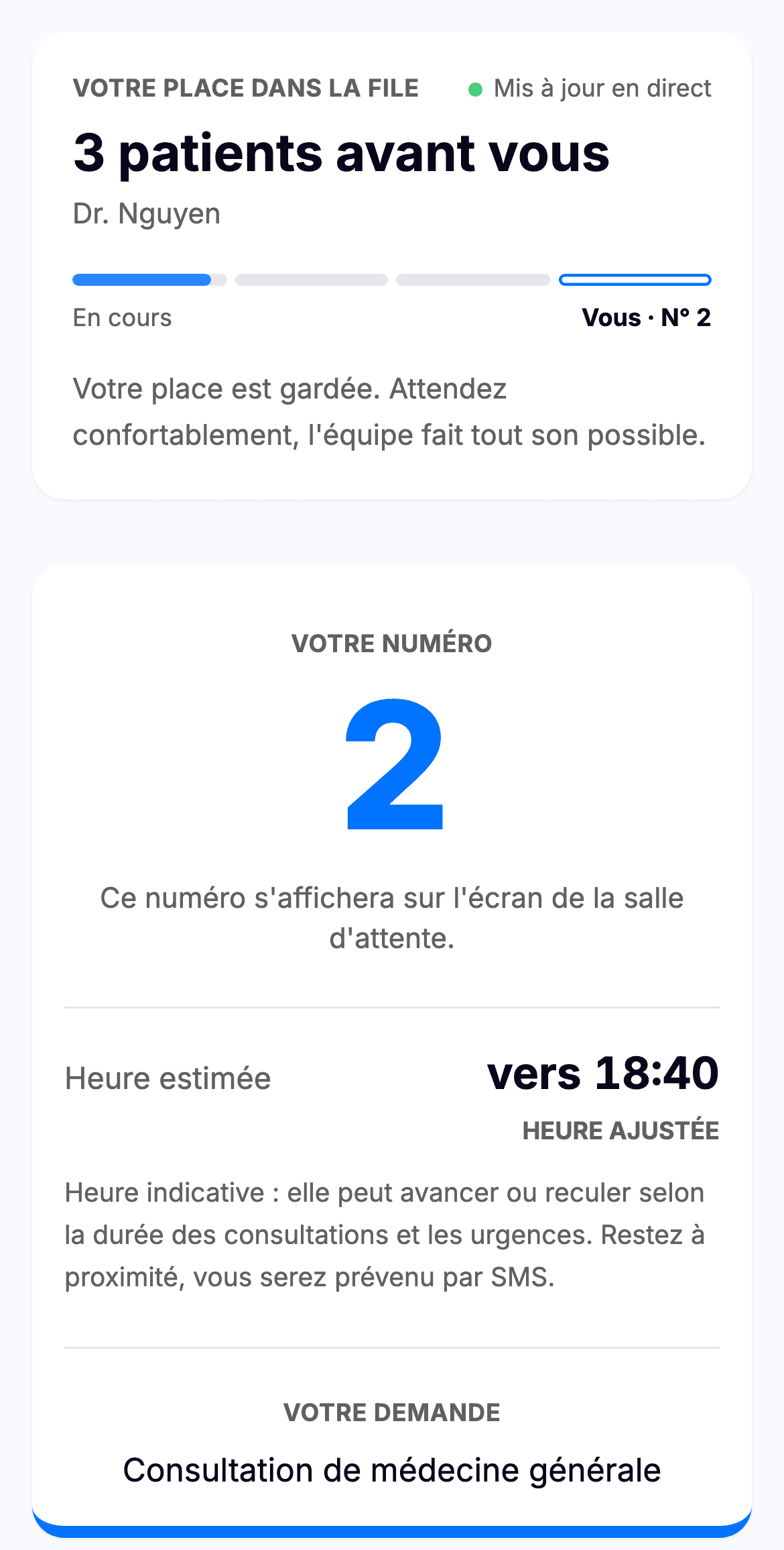 L'e-ticket sur le téléphone du patient : « 3 patients avant vous », son numéro et l'heure estimée.